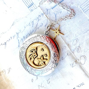 Moon Locket Silver Luna Celestial Star Charm Full Moon Photo Locket Moon & Star Locket Harvest Moon