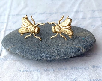 Gold Fly EARRINGS Stud Earrings Housefly Whimsical Fun Steampunk Insect Entomologists