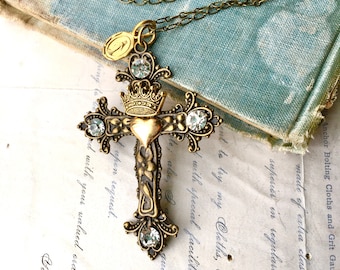 Large Crucifix Cross Charm Necklace Boho Heart Rhinestone Cross Crown "Like a Virgin" Madonna Pendant