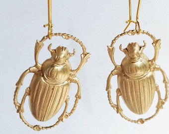 Gold Beetle Earrings Gold Bug Earrings Victorian Scarab Insect Jewelry Steampunk Insect Halloween Jewelry Entomologist Gift Science Teacher