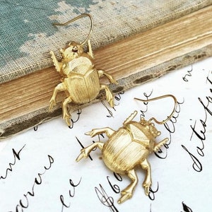 Beetle Earrings Gold Bug Jewelry Nature Study Victorian Scarab Entomologist Insect Earrings