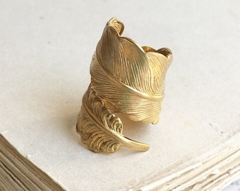 Gold Feather Wrap Ring Adjustable Gold Raven Feather Ring Gift for Him Boyfriend Ring Gift for Her Boho Owl Feather Ring