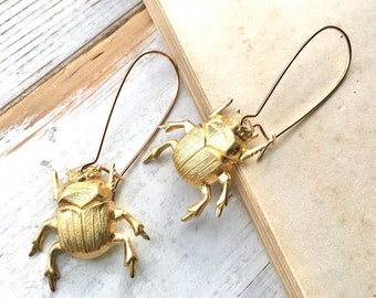 Beetle Earrings Gold Bug Jewelry Nature Study Victorian Scarab Entomologist Insect Earrings