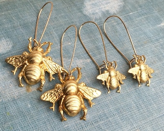 Gold Bee Earrings Long Bumblebee Earrings Gold Bee Jewelry Honeybee Earrings Bee Earrings Brass Bee Earrings Queen Bee Bug Jewelry