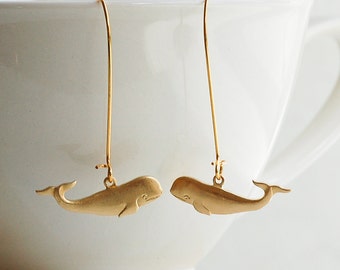 Gold Whale Earrings,Gold Whale Jewelry,Mermaid Earrings,Steampunk Whale,Vintage Whale,Moby Dick Ishmae,Pirate Jewelry,Summer Vacation