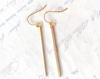 Long Gold Bar Earrings: Minimalist Brass Stick Dangle