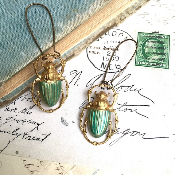 Green Beetle Earrings Gold Bug Earrings Victorian Scarab Insect