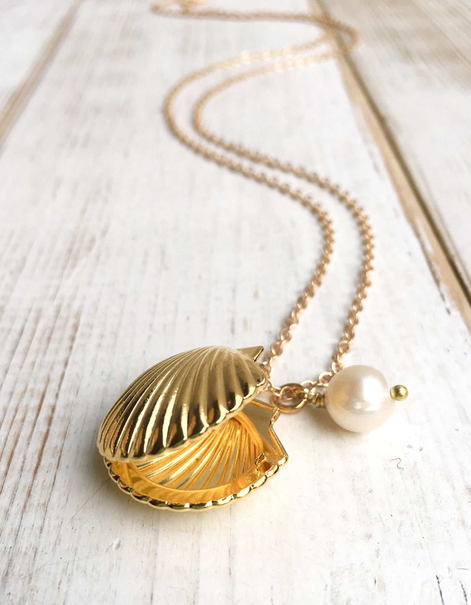 Gold Shell Locket Necklace Seashell Necklace Freshwater Pearl Etsy