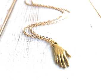 Hand Necklace Gold Hand Amulet Pendant Gold Hand Necklace Gift for Her Gift for Him Rustic Whimsical Talisman Palmistry Fortune Teller
