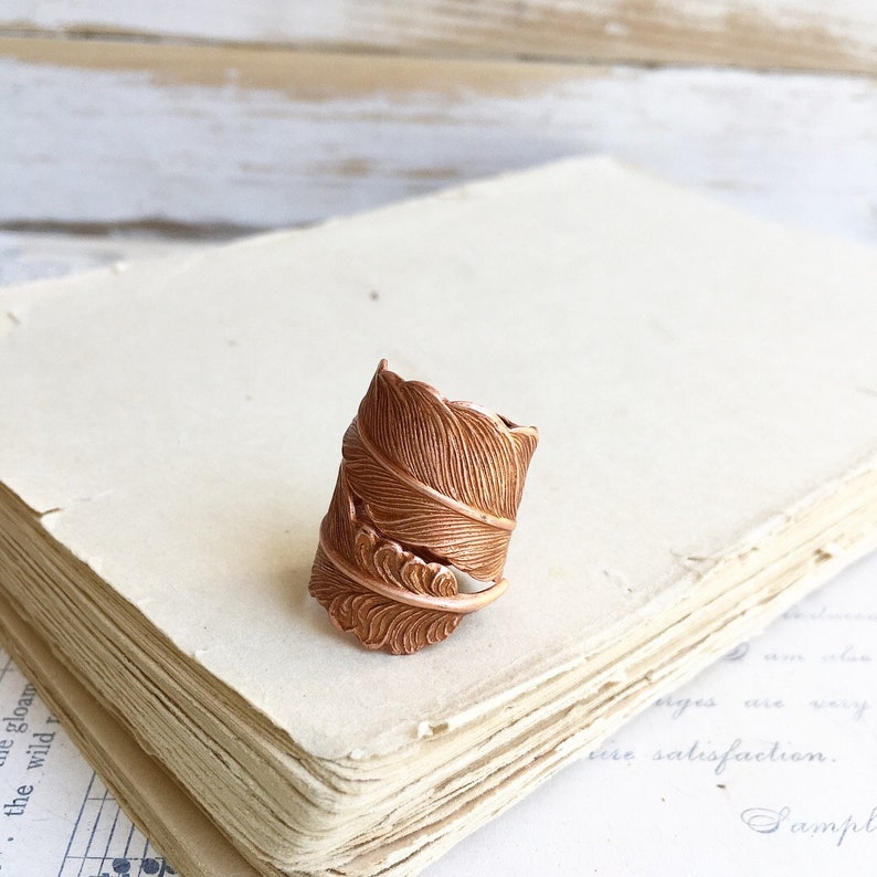 Rose Gold Feather Wrap Ring Adjustable Raven Feather Ring Gift for Him Boyfriend Ring Gift for Her Boho Owl Feather Ring image 2