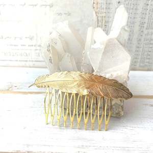 Gold Feather Hair Comb Large Gold Hair Clip Feather Headpiece Woodland Wedding Gold Leaf Hair Comb