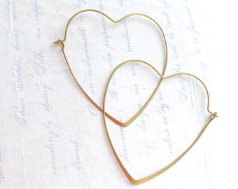 Gold Heart Hoop Earrings Large Heart Wire Earrings Heart Threader Brass Heart Hoop Valentine Earrings