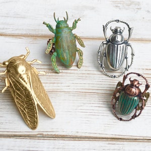 May include: Four insect-themed brooches in gold, silver, and green tones. The brooches include a cicada, a scarab beetle, and two other beetle designs. The brooches are displayed on a white wooden surface.
