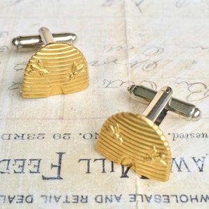 Beehive Cuff Links Gold Bee Cuff Links Honeybee Gift for Him Beekeeper Gift Gold Bee Groom Gift Woodland Wedding Bumblebee Mormon Beehive image 1