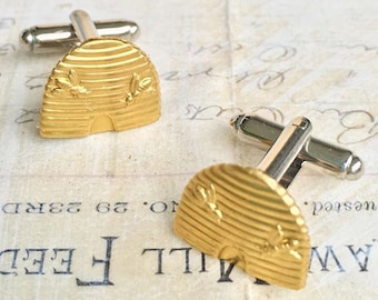 Beehive Cuff Links Gold Bee Cuff Links Honeybee Gift for Him Beekeeper Gift Gold Bee Groom Gift Woodland Wedding Bumblebee Mormon Beehive