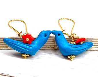 Bluebird Earrings Red Flower Earrings Turquoise Blue Red Bluebird of Happiness Bird Jewelry Woodland Earrings Something Blue