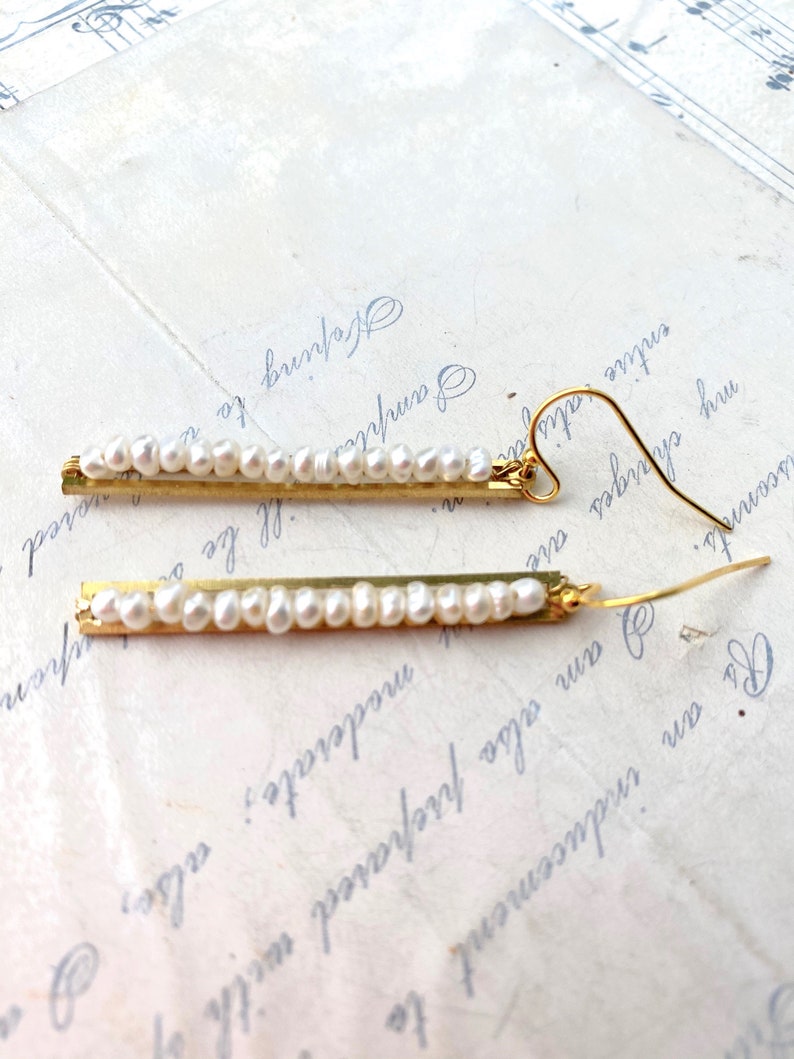 Pearl Bar Earrings Tiny White Pearls Modern Bar Earrings image 3