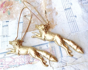 Fox Earrings Forest Fox Earrings Gold Fox Woodland Wolf Earrings Vintage Running Fox Coyote Earrings