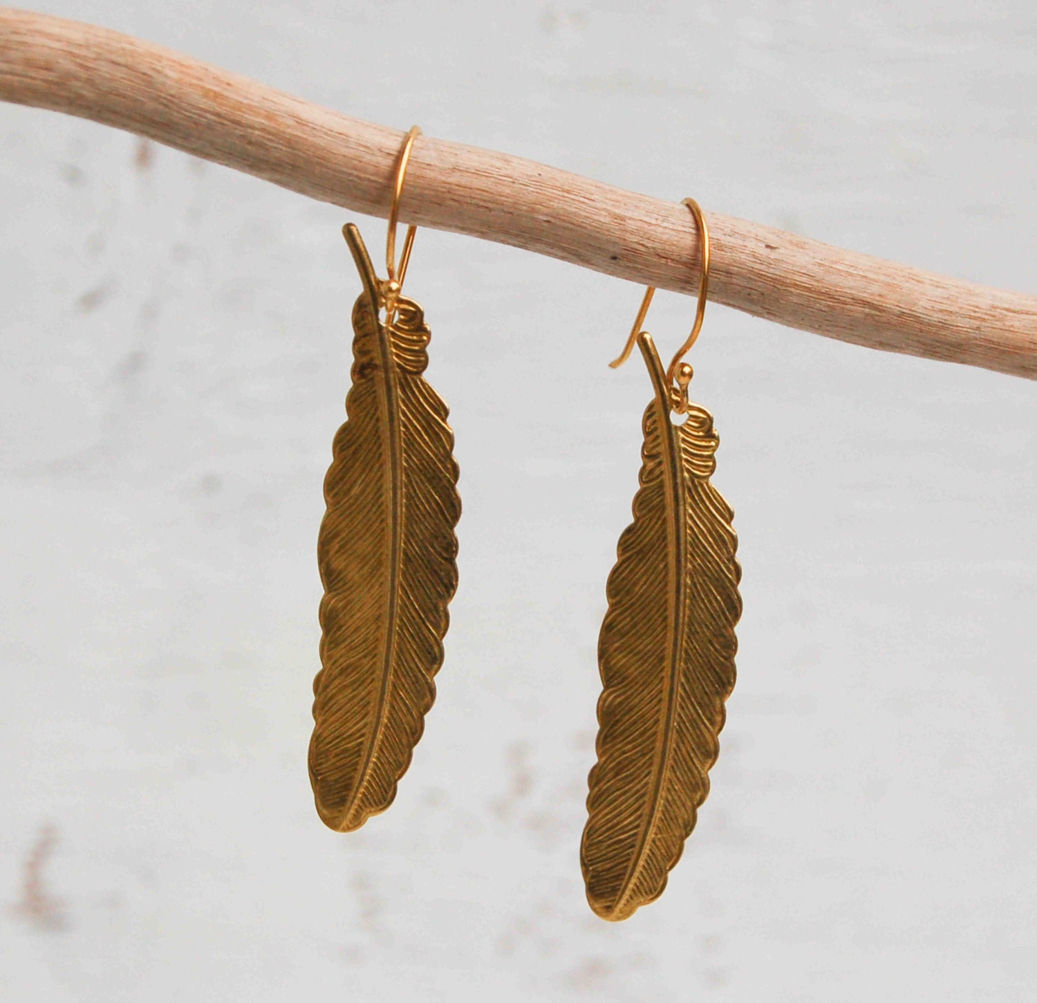 Gold FEATHER EARRINGS Woodland Nature Bird Autumn Bohemian Etsy