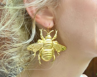Big Gold Bee Earrings Bumblebee Honeybee Earrings Queen Bee Bug Jewelry Extra Large Bee Earrings