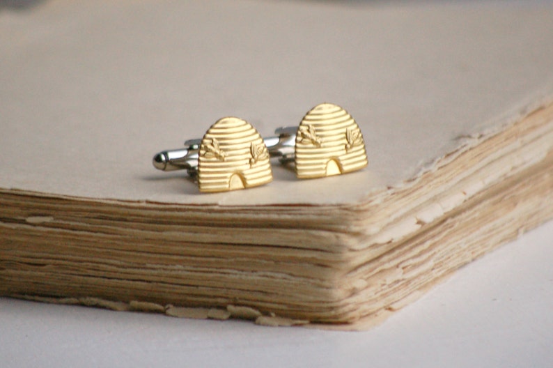 Beehive Cuff Links Gold Bee Cuff Links Honeybee Gift for Him Beekeeper Gift Gold Bee Groom Gift Woodland Wedding Bumblebee Mormon Beehive image 2