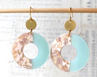 Aqua Blue White Tortoise Hoop Earrings Modern Donut Summer Earrings