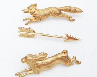 Fox Brooch Fox Tie Tack Gold Fox Pin Woodland Wedding Forest Fox Wolf Tie Tack Vintage Brass Fox