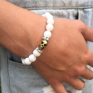 Halloween Skull Bracelet Skeleton Beaded Bracelet White Gemstone Bracelet Bohemian Skeleton Gift for Him Goth Skeleton Jewelry