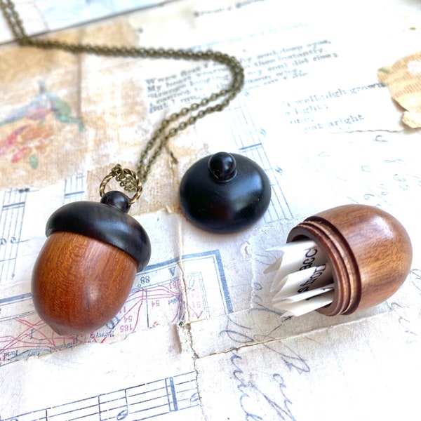 Wood Acorn Locket Necklace: Keepsake Prayer Box, Brass Chain