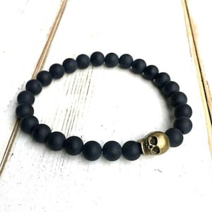 Black Skull Bracelet Halloween Skeleton Beaded Bracelet Black Gemstone Goth