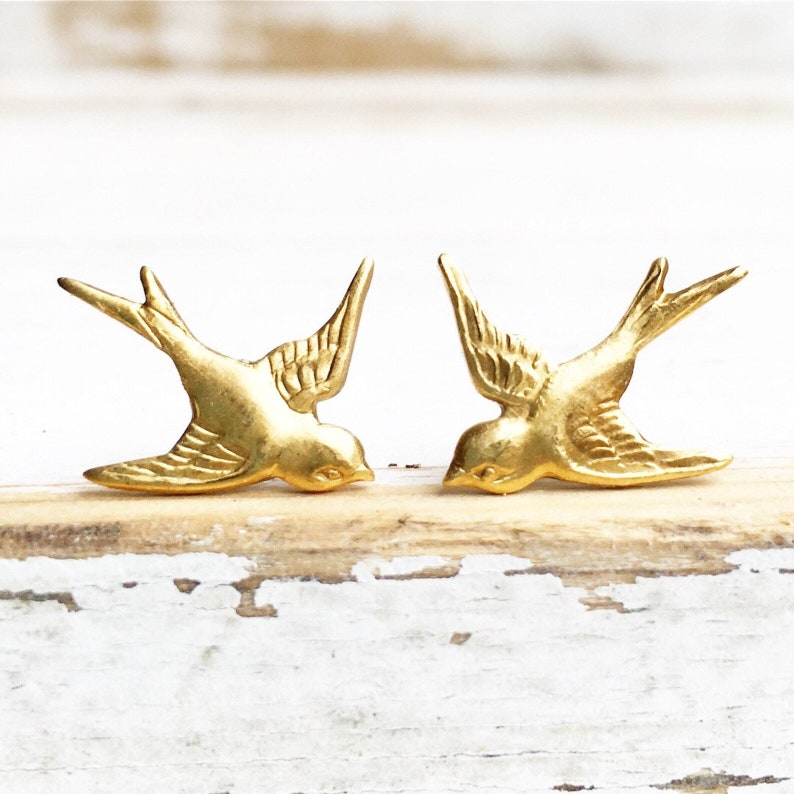 Gold Bird Earrings,Gold Bird Stud Earrings,Golden Swallow,Bird Earrings,Woodland Wedding,Bridesmaid Earrings,Spring Wedding,Bird Jewelry image 1