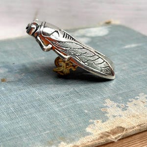 May include: A silver-colored cicada brooch with detailed wing and body features. The insect-shaped pin has a gold-colored base and is set against a vintage book. This unique jewelry piece is a nature-inspired accessory.