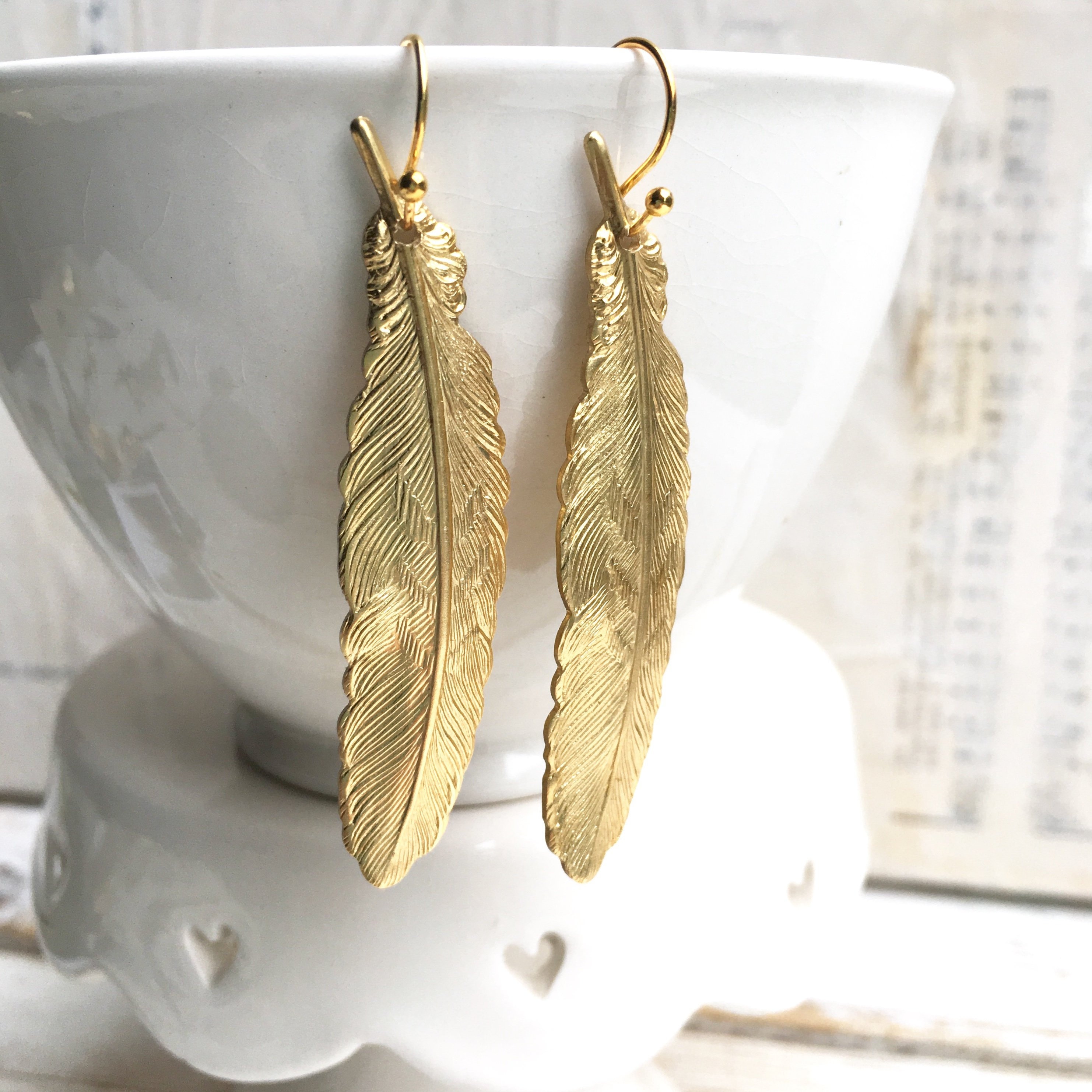 Gold FEATHER EARRINGS Woodland Nature Bird Autumn Bohemian Etsy