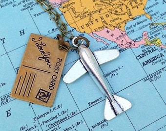 Wanderlust Airplane Necklace Travel Necklace Postcard Pendant Pilot Necklace Flight Attendant Jewelry Gift for Her Gift for HIm