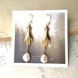 Gold Hand Pearl Earrings Whimsical Bohemian Victorian Gentlewoman Earrings