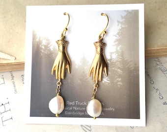 Gold Hand Pearl Earrings Whimsical Bohemian Victorian Gentlewoman Earrings