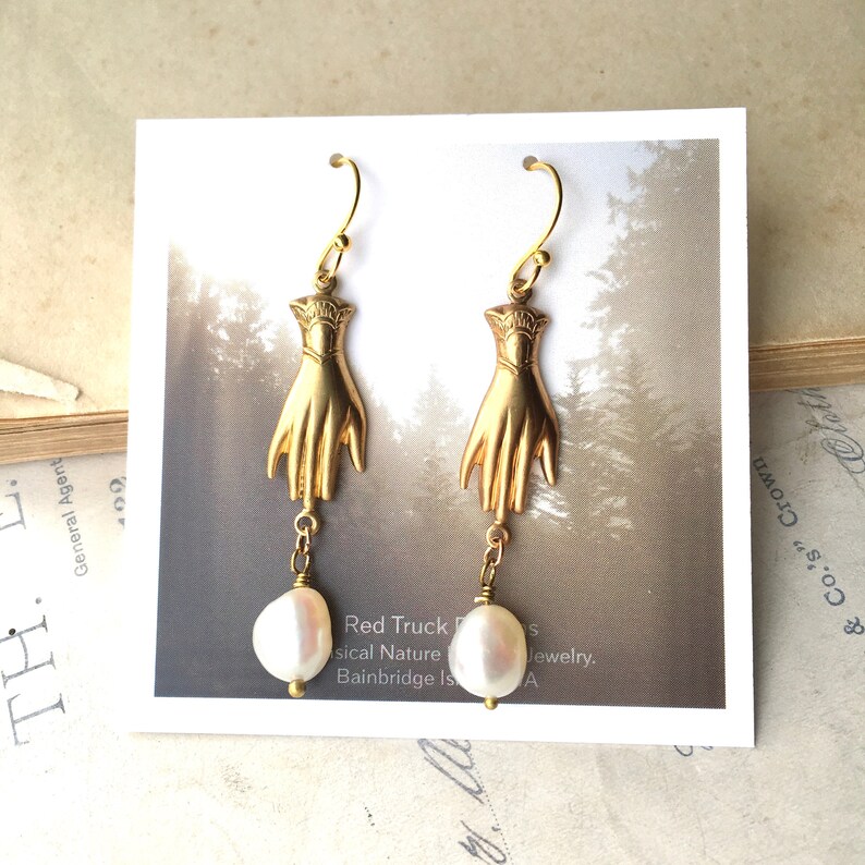 Gold Hand Pearl Earrings Whimsical Bohemian Victorian Gentlewoman Earrings