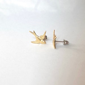 Gold Bird Earrings,Gold Bird Stud Earrings,Golden Swallow,Bird Earrings,Woodland Wedding,Bridesmaid Earrings,Spring Wedding,Bird Jewelry image 2