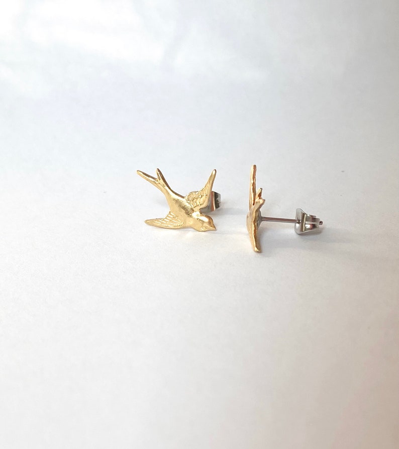 Gold Bird Earrings,Gold Bird Stud Earrings,Golden Swallow,Bird Earrings,Woodland Wedding,Bridesmaid Earrings,Spring Wedding,Bird Jewelry image 2