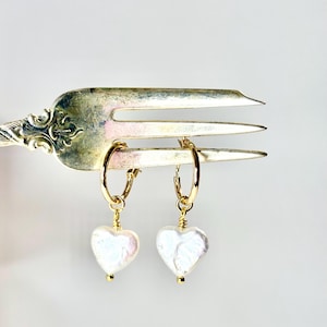 Heart Pearl Hoop Earrings: White Freshwater Pearls, Gold Plated