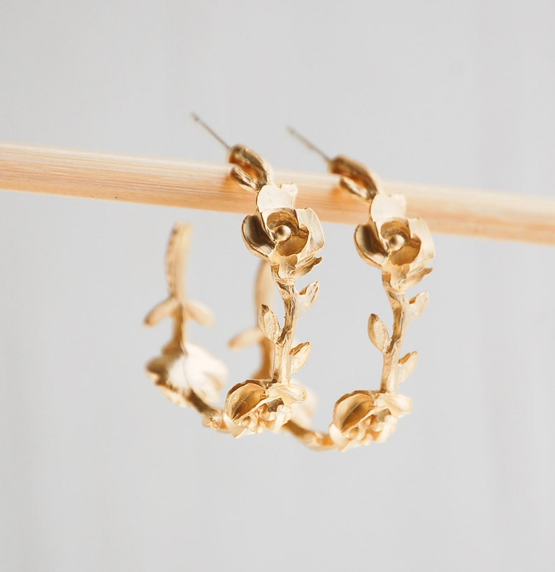 Rose Vine Hoop Earrings Gold Rose Earrings Rose Hoop Earrings Etsy