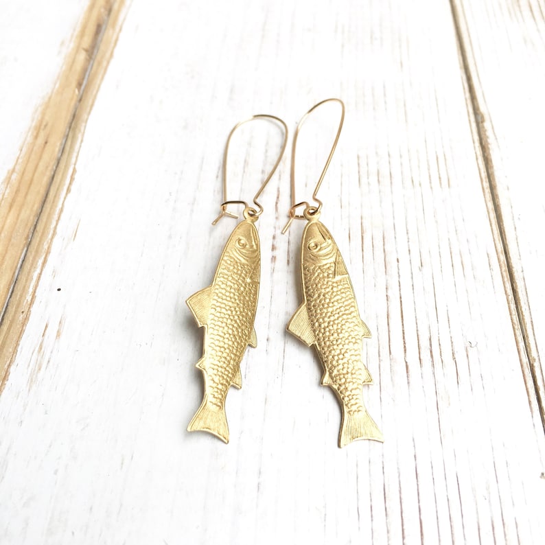 Gold Fish Earrings Salmon Fishing Earrings Gift for Her Fish Etsy