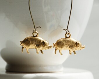 Pig Earrings Year of the Pig Gold Pig Earrings Good Luck Charms Chef Jewelry BBQ Lover Gift "This Little Piggy"  Seattle Brass Pig