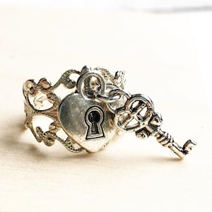 Heart Lock Ring Silver Lock Key Ring  Fairy Ring Key to My Heart Sweetheart Valentine Skeleton Key Ring