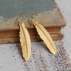 Gold FEATHER  EARRINGS Woodland Nature Bird Autumn Bohemian