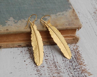 Gold FEATHER  EARRINGS Woodland Nature Bird Autumn Bohemian