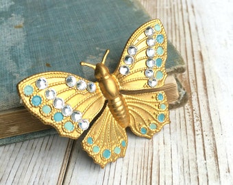 Spilla/spilla Vintage Elegante Con Strass Bianco Lucido A Farfalla Color Oro Da 1,25" - Italia