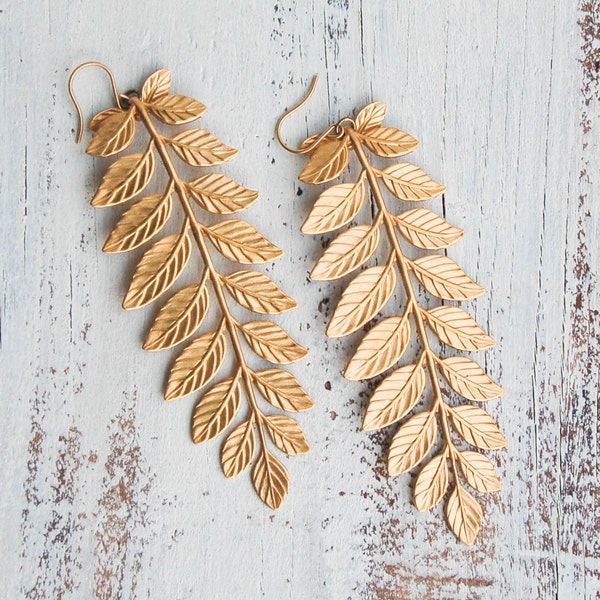 Gold Brass Leaf Branch Earrings: Boho Acacia Leaf Jewelry