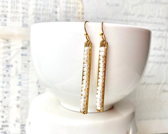 Pearl Bar Earrings Tiny White Pearls Modern Bar Earrings