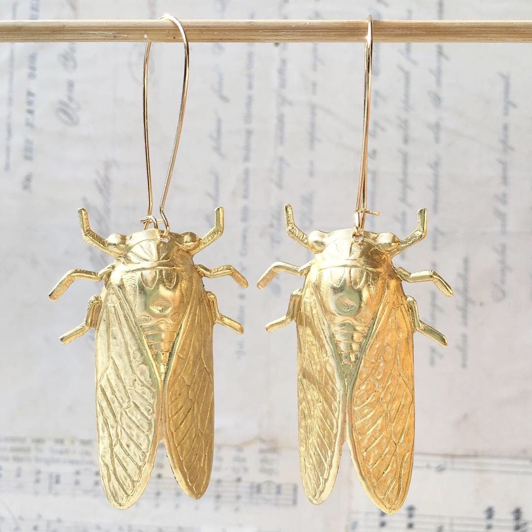 Cicada Earrings Big Gold  Beetle Earrings Nature Study Victorian Cica…